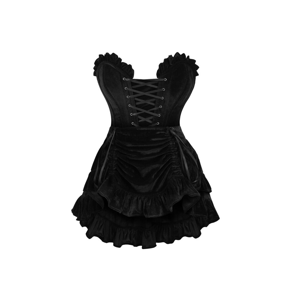 2445 2 PC Black Velvet Steel Boned Corset & Skirt Set Bustier Dress